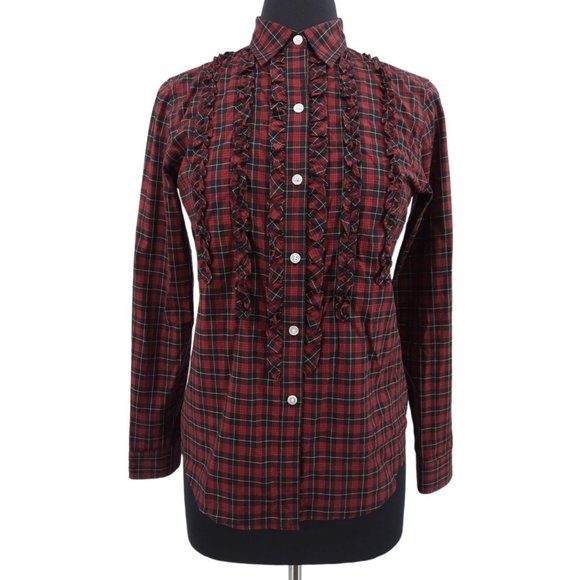 VTG 90s Lauren Ralph Lauren Red Plaid Ruffled Button Up Long Sleeve Top S Petite - Picture 9 of 9